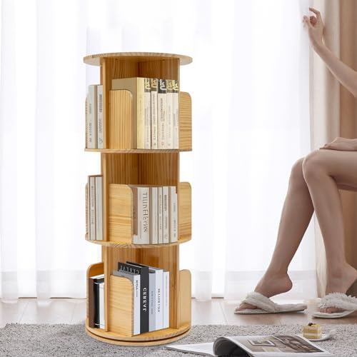 OMGGYER Drehbares Bücherregal 3 Ebenen Freistehend klein Drehregal 360° Rotating Bookshelf, Multifunktionales Bücherregal Massivholz bodenstehendes Lagerregal für Kinder und Erwachsene, 45 * 98cm