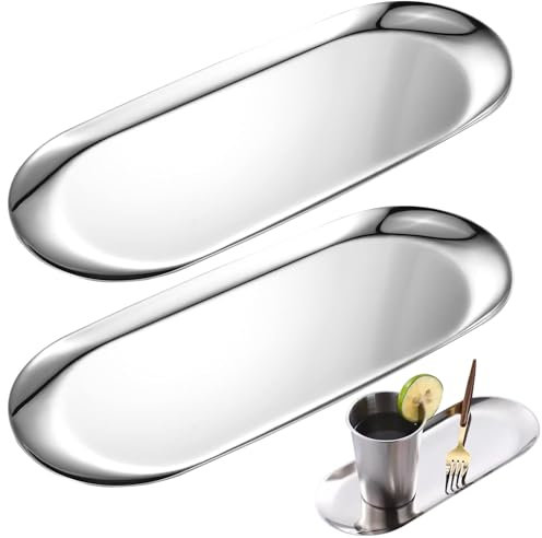 2 Pcs Edelstahl dekorative Tablett, 22CM Länge, Silber Oval Schmuck Schale Kosmetik Lagerung Veranstalter Schale, Make-up Kosmetik Tabletts, Handtuch Serviette Tablett, Bad Platter Lagerung Tablett