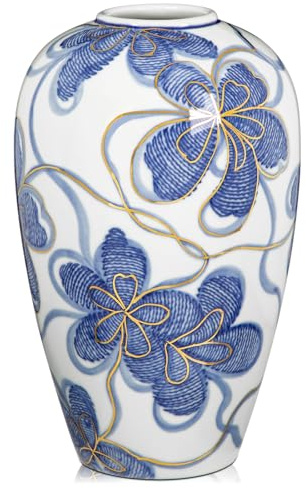 Keramikvase Blau-Weiß mit Goldverzierung – Handbemalte Blumenvase im asiatischen Stil – Chinoiserie Wohnaccessoire Höhe 23cm – Ideal für Trockenblumen, Deko oder Geschenk