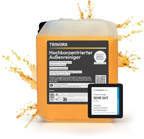 TRAVORA Hochkonzentriertes Bio Caravan- und Autoshampoo 5L - bis zu 500L Reinigungslösung - biologisch abbaubarer Wohnmobil- & Auto Reiniger aussen - 5L Caravan Reiniger Kanister inkl. Auslaufhahn
