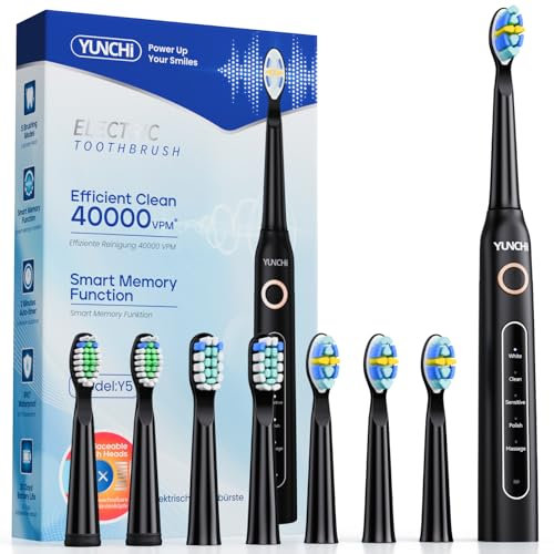 YUNCHI Y5 Electric Toothbrush Rechargeable Sonic Toothbrush with 8 Brush Heads 40000 VPM, Smart Timer 5 Cleaning Modes Last 30 Days Electric Toothbrushes for Adults Kids 6-12 (Black)