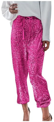Generisch Pailetten Hose Damen High Waist Pailettenhose mit Taschen Sparkle Glitter Hosen Glänzend Glitzerhose Kordelzug Elastische Taille Disco Pants Party Festival Club Hosen Normal Geschnitten