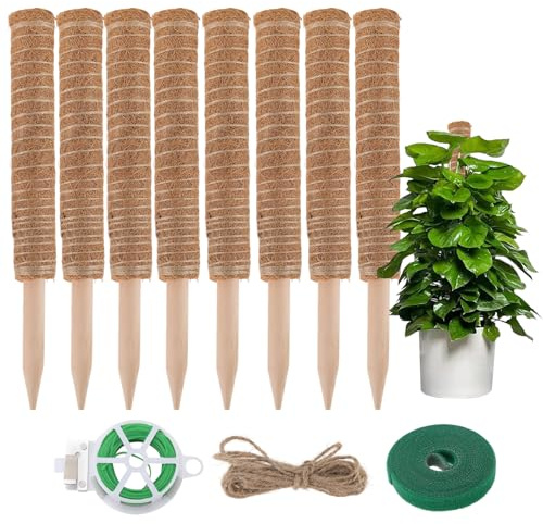 SINJEUN 8 Stück 40x4,5cm Braun moosstab, pflanzstab kokosstab rankhilfe für Monstera mit Befestigungsset