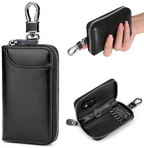 Schlüsseletui Leder, Multifunktional Reißverschluss Schlüsseltasche, Unisex Schlüsseltasche für Damen und Herren, Schlüsselmäppchen mit Reißverschlussfach und Schlüsselring, Schwarz (Schwarz 1)
