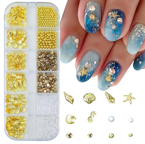XYTAHDM 1 boîte breloques ongles, bijoux nail art or argent, strass perles nail charms décorations, breloques nail art 3D, accessoires pour ongles, décoration d'ongles à faire soi-même