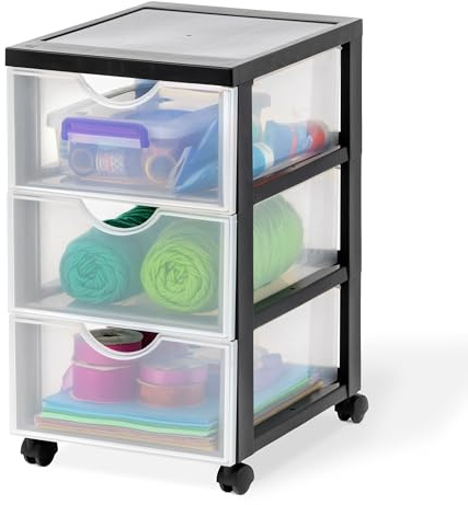 Iris Ohyama, Tour de rangement à Roulettes en Plastique, 3 Tiroirs Moyens, Noir, Ouverture Facile, Meuble de Rangement, Papeterie, pour Chambre, Salle de Bain, École & Bureau, Sans BPA, DDDC-003
