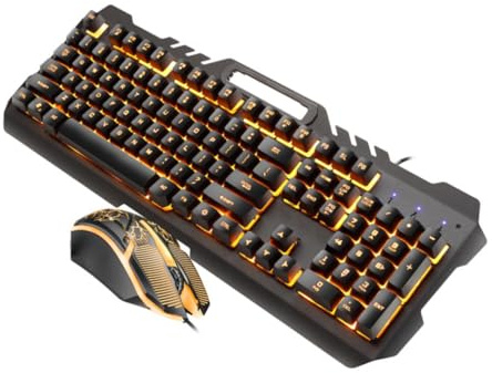 SHINEOFI Teclado Mecánico Retroiluminado y Ratón USB Moderno para Juegos y Oficina, Diseño Metálico Compacto Luz Naranja, Conjunto Electrónico Resistente y Ergonómico para Pc Gaming y Trabajo