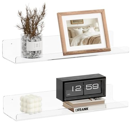 RICHER HOUSE 38CM White Acrylic Floating Shelves for Wall, 2 Pack Wall Mounted Shelf for Vinyl Record Display/Bookcase, Cosmetics/Room Décor//Storage in Bedroom, Office, Kitchen,Bathroom,Nursery