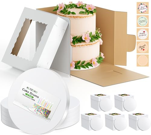 10 Pack 10 Inch Cake Board and Box (5 Boxes & 5 Boards) , 5Pcs 10x10x10 Inch Tall Cardboard Packaging Carrier with Lid, 5Pcs 12mm (1/2) Thick Corrugated Round Cake Drums for Multi-Layer Cakes, White