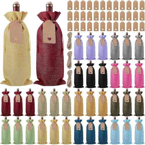 36 Stück Jute-Weinbeutel, Geschenkbeutel mit Kordelzug & Geschenkanhängern