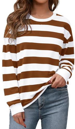 Aottori Sudadera Mujer A Rayas Algodón Camiseta Manga Larga con Cuello Redondo Tops Oversize Casual Básica Sweatshirts sin Capucha Otoño Invierno Marrón XL