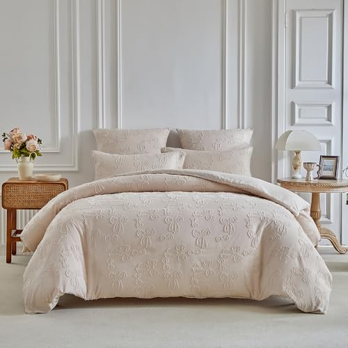 Wajade Bettdecke 220x240 ohne Bezug 4 Jahreszeiten Beige Schleifen Steppdecke mit 2 Kissenbezug 80x80cm Warme Schlafdecke Waschbar Ganzjahresdecke