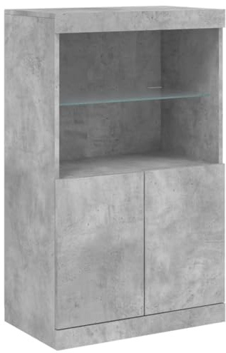 Eleganz Moderner Sideboard Schrank Grau Beton 60,5x37x100 cm - Aufbewahrungsschrank mit Glasfront Ideal für Deko & Bücher, Kommode mit LED-Beleuchtung für Wohnzimmer
