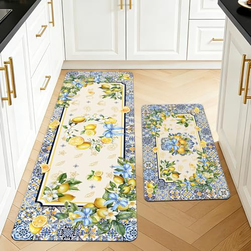 2 Stk. Zitronenteppiche für Küchenboden, blumenverzierter rutschfester Küchenteppich zur Dekoration, Türmatten für Flur, Esszimmer und Eingangsbereich 40x70+40x120 cm