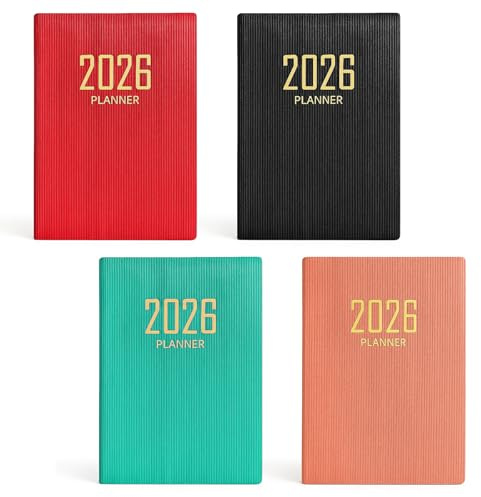 kelav Kleiner Taschenkalender 2026 Mini 4 Stück, 10.6 × 7.8cm PU-Leder Softcover Kalender A7, 120 Seiten Wochenplaner Notizbuch Organizer, Taschenformat Planungsheft für Schüler Planer