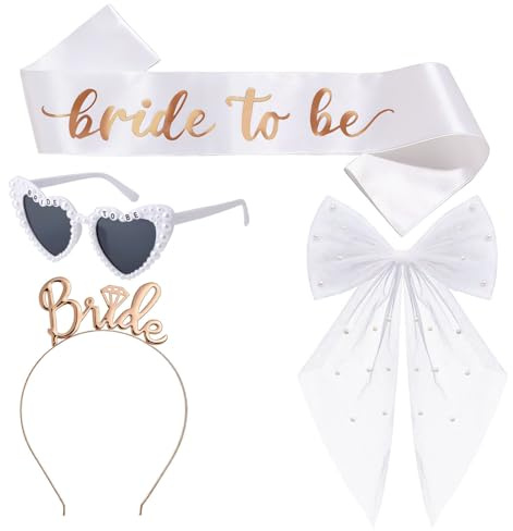 Xialvyu 4 Stück Bride to Be, JGA Accessoires Junggesellenabschied Frauen | Weißer Schleier, Tiara, Gläser, Bride Schärpe, Junggesellenabschied Deko Set, Hochzeit Fotorequisiten, Bachelorette Party