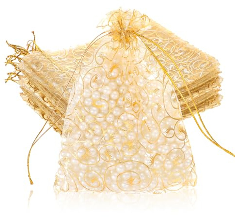 FdcLixuvol 100 Stück Goldener Organzasäckchen 13 x 18cm Organzabeutel mit Kordelzug Druck Geschenkbeutel klein Organza Schmuckbeutel für Hochzeit Taufe Festival Party