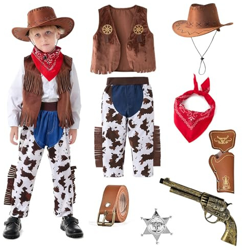 BOYIFEIJIE Costume Western Cowboy per Bambini 3–11 Anni, Set Completo con Cappello, Gilet, Cintura, Bandana Rossa & Accessori, Abito di Carnevale e Cosplay