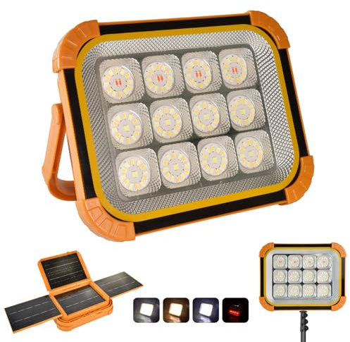 Tragbare LED-Solarar Akku Baustrahle mit Stufenloser Helligkeitsregelung | 24000 mAh Wiederaufladbare Akku Led Strahler für Campen, Baustellen, Notbeleuchtung (Orange Pro)