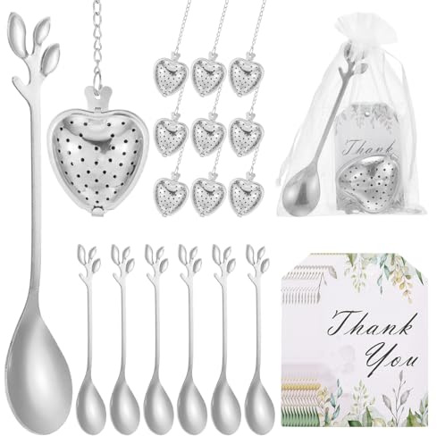 sourcing map Lot de 25 boules à infuseur en forme de cœur pour fête prénuptiale, cuillère à thé avec carte de remerciement, sac en maille, cadeau souvenir de mariage, accessoires de thé, cadeau de