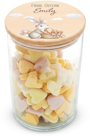 GRAVURZEILE Vorratsglas mit bedrucktem Holzdeckel - Hase mit Schleife - Personalisiert mit Name - Keksdose Bonbonglas mit Deckel als Ostergeschenk - Vorratsdose - Geschenk für Ostern - 880 ml