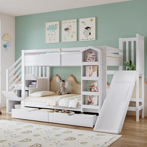 Soweiz Lettino a castello, letto per bambini, con mensola, due cassetti su ruote e scivolo per bambini, in pino + MDF + compensato, bianco, 90 x 200 cm