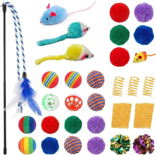 Speedy Panther 30 Pack Cat Toy Set, Variety Pack with Feather Wand, Mouse Toys, Crinkle Balls and Bells, Assorted Set for Indoor Cats and Kittens