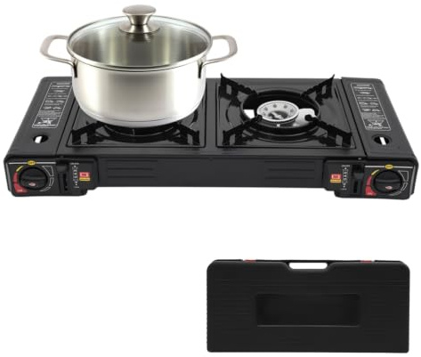 LUNICASHA Réchaud à Gaz 2 Feux, Rechaud Camping Gaz avec Sac de Transport, Valve de Protection Contre la Surpression Intégrée, 2500 W par Brûleur, pour Caravane, Camping-Car