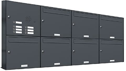 AL Briefkastensysteme 7er Briefkastenanlage mit Klingel Anthrazit Grau RAL 7016, Premium Briefkasten DIN A4, 7 Fach Postkasten modern Aufputz