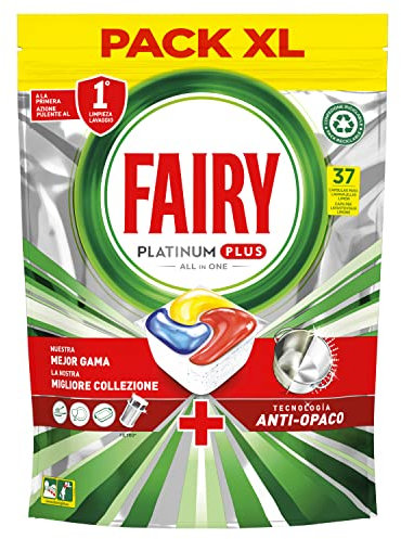 Fairy Platinum Detersivo Pastiglie Lavastoviglie Plus, Brillantante, 37 Capsule Lavastoviglie, Limone, Tecnologia Anti-Opaco Con Azione Brillantante, Contro Il Grasso E Le Incrostazioni Ostinate