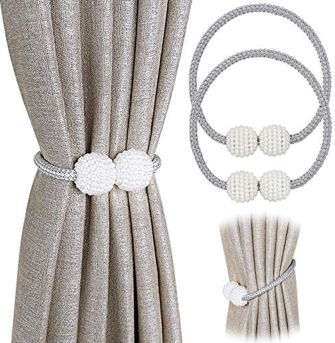 Pinowu Magnetic Curtain Tiebacks Convenient Drape Tie Backs (2 Pack) - Pearl Decorative Rope Holdback Holder for Small, Thin or Sheer Window Drapries (Gray)