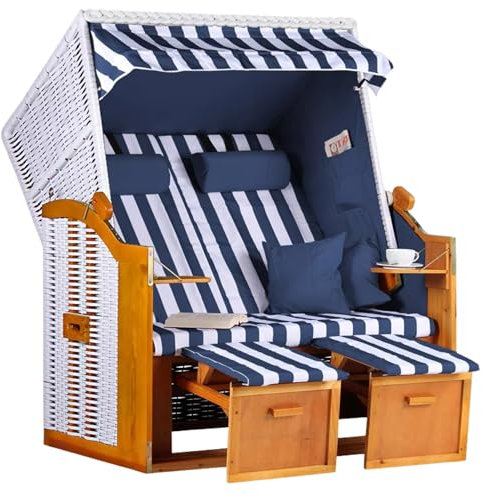 MR. DEKO Strandkorb Ostsee Volllieger 2-Sitzer | PE Geflecht Weiß Bezug Uni blau | inkl. 4 Kissen & Klapptisch | Strandstuhl verstellbar | Strandkörbe aus Hartholz mit Fußablage (Dessin Blau Weiss)