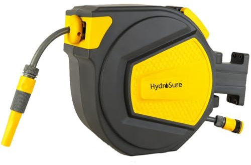 HydroSure Auto Retract Wall Mounted Garden Hose Reel 20m | Automatic Rewind Storage System, Locking Mechanism, Swivel Bracket, Controlled Outdoor Watering