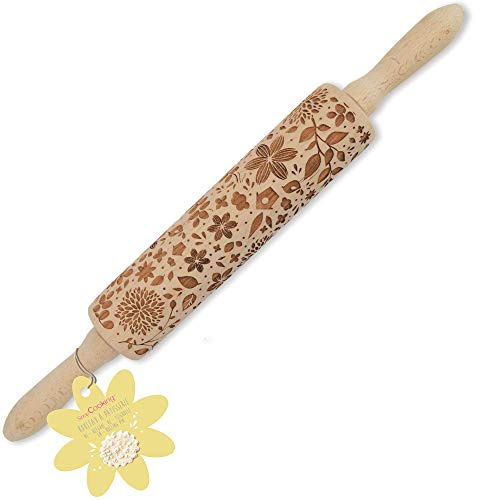 Craft Cooking 5237 Teigrolle aus Holz (Natur) mit natürlichen Motiven 39 cm – Rolle für Abdrücke mit Verzierungen in Relief für Kekse – dekoratives Zubehör