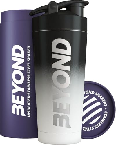 Beyond Shakers Coctelera de proteínas de metal aislado, botella de suplemento de acero inoxidable, sin BPA, para gimnasio, 735 ml, en blanco y negro