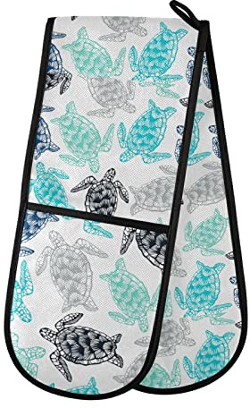 Seamless Drawing Sea Turtles Turquoise Blue Green Grey Black Double Oven Mitt Gloves Extra Long Potholder High Heat Resistant for Baking Cooking Baking Grilling Handling Hots Pans 35x7