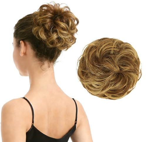 BARSDAR 100% Echthaar Haarteil Haargummi，Gelockt Unordentlich dutt extensions echthaar Haarteil Haargummi Hochsteckfrisuren unordentlicher Haarverlängerung für Damen Mädchen 4P27# Braune Mix Blond.