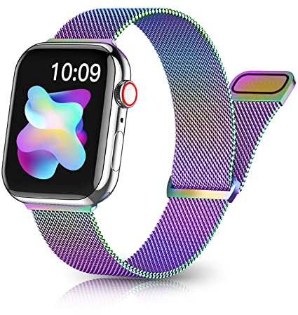Rabini Bracelet magnétique en métal compatible avec Apple Watch millimètre 38-49 mm, bracelets en maille d'acier inoxydable arc-en-ciel pour iWatch SE Ultra Series