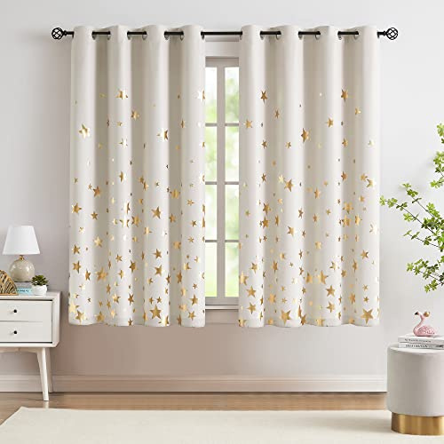 Treatmentex Star Ivory Blackout Curtains for Bedroom, Foil Gold Star Curtains for Girls Boys Kids Room Sparkling Thermal Insulated Blackout Drapes for Baby Nursry (W50 x L63, Set of 2, Gold Ivory)