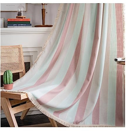Mesnt Verdunklungsvorhang, Schlafzimmer Curtrains mit farbigen Streifen und Quasten Raumverdunkelung aus Baumwolle, Rosa-Ösen, 132x60CM-2 STÜCK