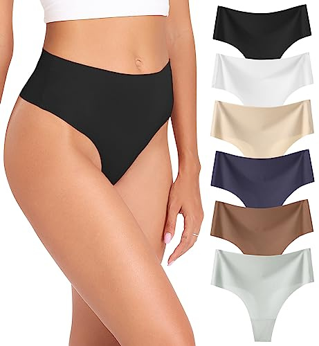 Wealurre Womens Underwear High Waisted Seamless Thongs for Women Breathable No Show Panties for Ladies 6 Pack (B/W/A/DB/BR/G,M)