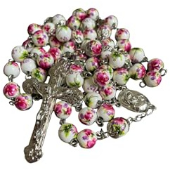 Rosenkranz aus Blumenperlen, Rosenkranz mit dem Heiligen Land Jerusalem in seiner Geschenkbox, christliche Feiertage, Ostern, Kommunion, Taufe, Konfirmation, Geburtstag, Geburt, Schutz, Auto