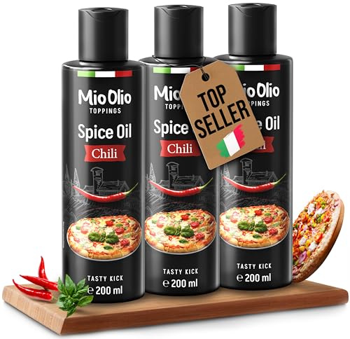 Mioolio 3x200ml aceite de chile - Aceite de condimento caliente para pizza, pasta, carne y verduras - Sin grasa de palma, conservantes y sin gluten - Ideal para cocinar y condimentar