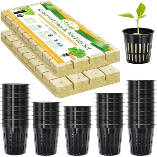 Halatool 72PCS 1.2 Rockwool Cubes & 56PCS 2 Net Cups for Hydroponics