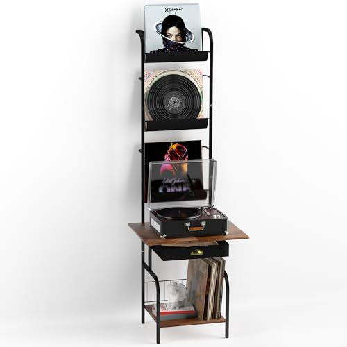 Plattenspielerständer mit Vinylaufbewahrung, Plattenspieler-Ständer mit Vinyl-Schallplattenhalter, Display-Regal, Plattenspieler-Tisch mit 3-stöckiger Vinylaufbewahrung für bis zu 200 Alben,