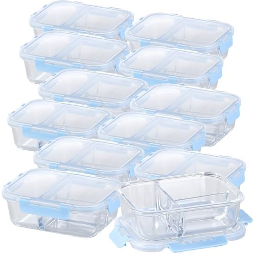 Rosenstein & Söhne Mikrowelle Geschirr: 12er-Set Glas-Frischhaltedosen mit Klick-Deckeln & 3 Kammern, 1 l (Lunchbox Glas mit Trennwand, Frischhaltedose mit Trennwand)