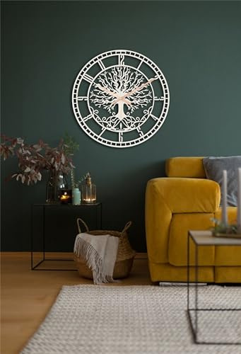 FAWdecor Albero della Vita Orologio da Parete Rotondo in Metallo Grande, Orologio Silenzioso Senza Ticchettio, Orologio Decorativo a Batteria, Orologio al Quarzo Silenzioso per la Casa (Bianco, 60 cm