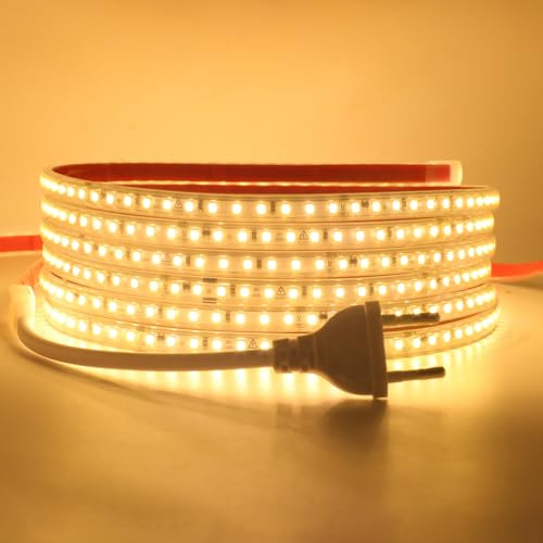 Wisada Anschluss an AC220-240V LED Streifen, 5M 120LEDs/m SMD2835 Flexible Superhell Warmweiß CRI≥90 LED Lichtband, LED Band Lichtschlauch Leiste Kette Selbstklebend mit Stecker für Weihnachten