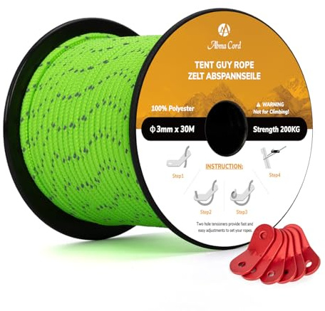 Abma Cord Tent Guy Ropes 3mm 30M Guy Line 6 Pcs Guy Rope Tensioners Heavy Duty Guide Rope for Camping, Gazebos, Awning, Tarp - Reflective Neon Green