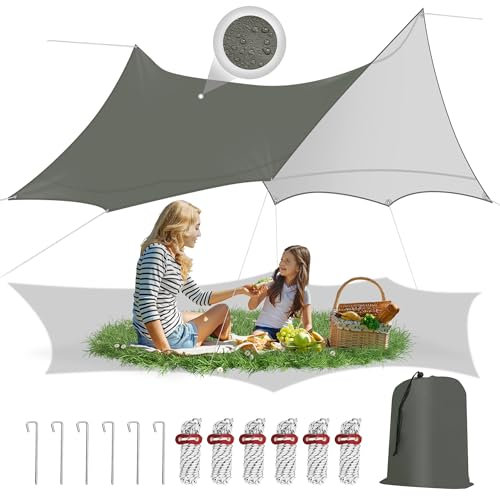 WOLTU Zeltplane Wasserfest 4,4x4,4m Sonnenschutz SPF50+, Outdoor Tarp Ultraleicht Schutzplane, Zeltunterlage mit Ösen, Camping Plane Regenschutz, mit Seilen Erdnägeln, für Wandern Picknick Hängematte